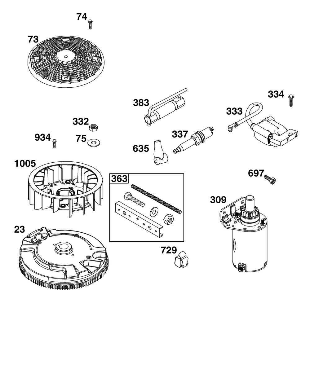 Flywheel, Ignition, And Starter Group Diagram and Parts List for 44U677-0019-B5 400000 - 699999 Briggs and Stratton Engine